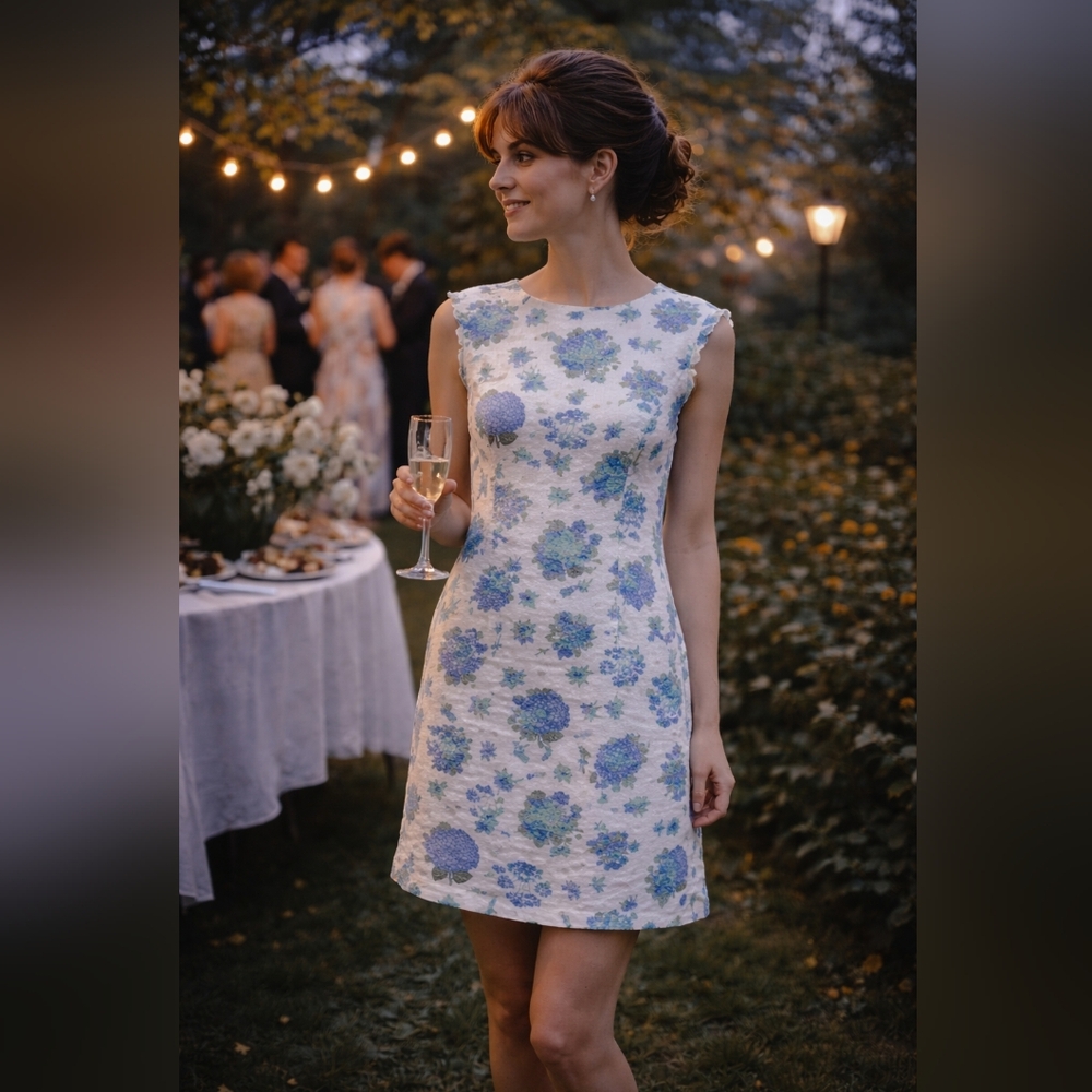 Vintage 1960s Blue Floral Shift Dress Handmade Cotton Mod Mini Dress M